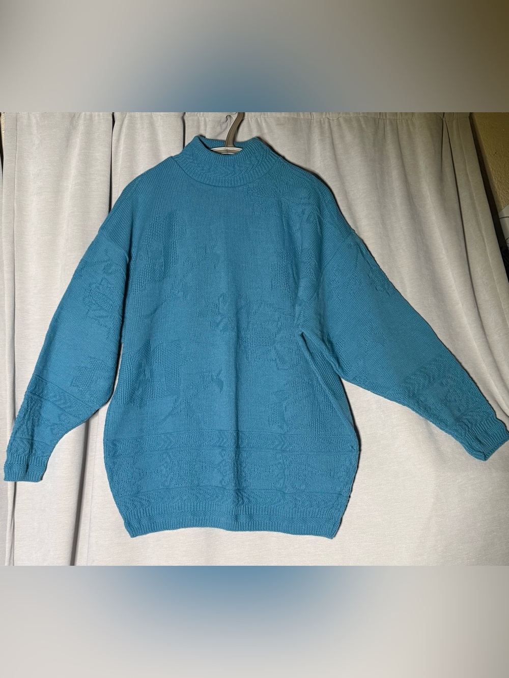 Vintage Village Fair Teal Mock Neck Textured Knit Sweater 2XL Retro 80s 90s